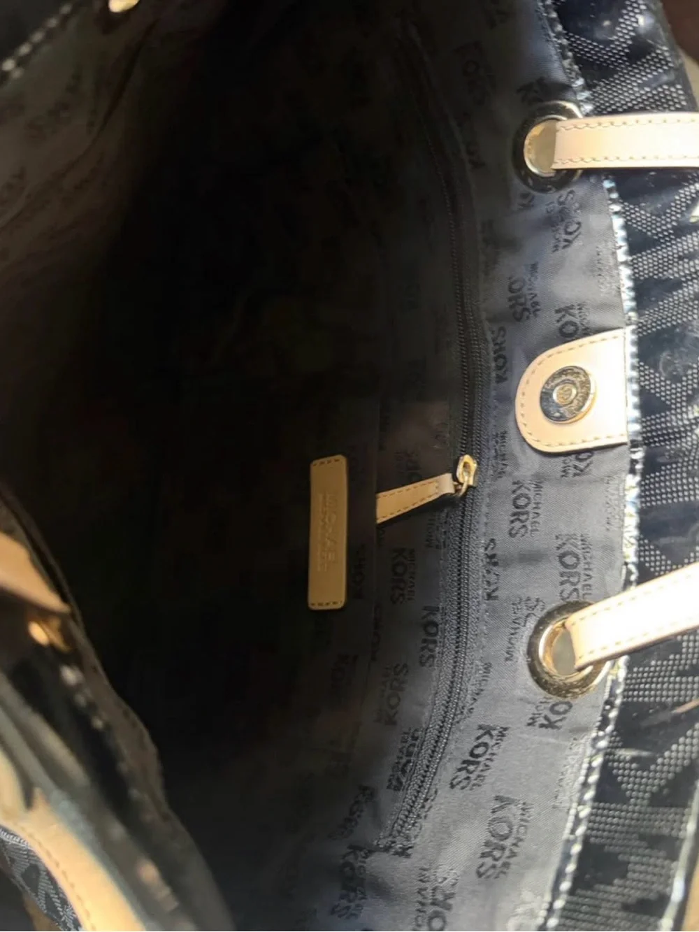 Michael Kors Black Patent Tote with Tan Straps and Gold MK Charm